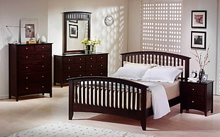 brown wooden bedroom furniture set HD wallpaper
